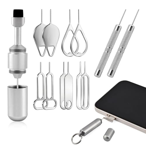 14 Pack 2 in 1 SIM Card Tray Removal Tool with Cleaning Brush, Portable Keychain Eject Pins Reset Needle Opener Compatible with All Models Cell Phone, Tablet