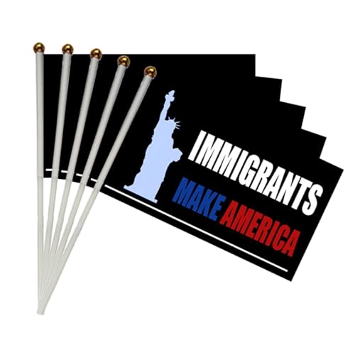 10 Set NO King in Amercia Small Flags on Stricks,Immigrants Mark America Mini Resist Handheld Flag, 5x8 Inches Flags for Outside Holiday Yard Patio Decorations. (Statue of Liberty, 10)