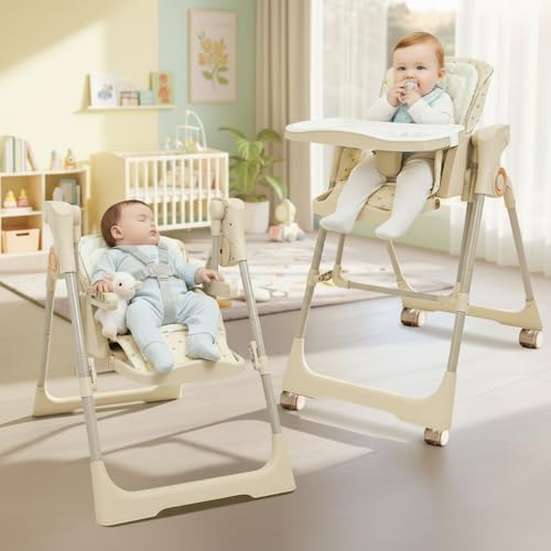 Image of StarAndDaisy 2-in-1 Baby High Chair for Boy & Girl with Automatic Swing Cradle, Foldable Feeding Chair, Removable Dining Tray, Adjustable Backrest & Footrest for Infants & Toddler-Beige