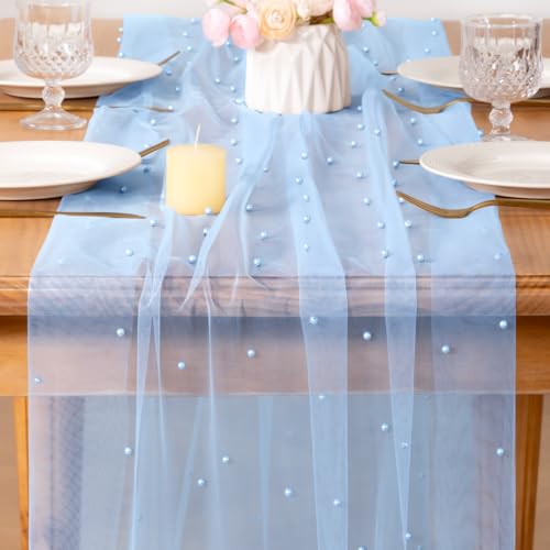 Image of MLMC 3Pcs Light Blue Pearl Table Runner Boho Rustic Tulle Table Runner with Pearls 10ft 29 inchx120 inch Cheesecloth Table Decor for Wedding Baby Shower Anniversary Home Decoration