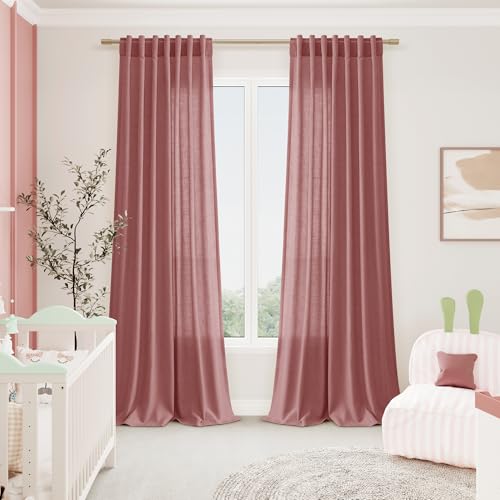 Image of Nanspring Canyon Rose Linen Curtains 90 Inch Long 2 Panels Set for Bedroom Living Room Dusty Rose Linen Textured Window Drapes Semi Sheer Light Filtering Rod Pocket Back Tab Farmhouse Curtain 52x90