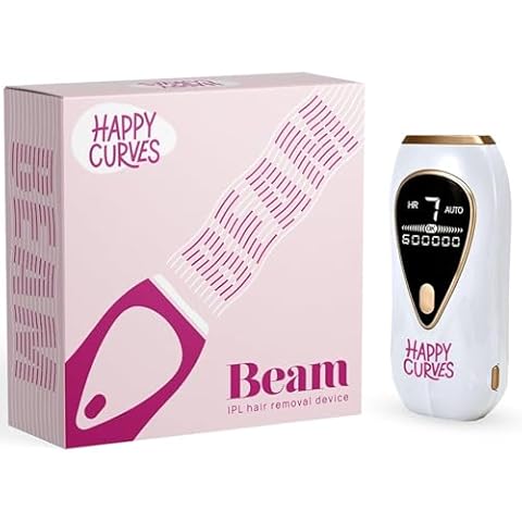 HAPPY CURVES Beam IPL Laser Hair Removal Device - At-Home Permanent Body Hair Removal for Women, Skin-Sensing, LCD Display, Includes UV Sunglasses & Razor Cover