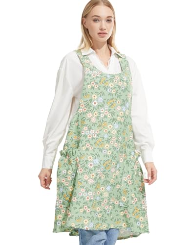 Image of Cozy Adjustable Cross Back Aprons for Women with Pockets Cotton Linen Cooking Kitchen Baking