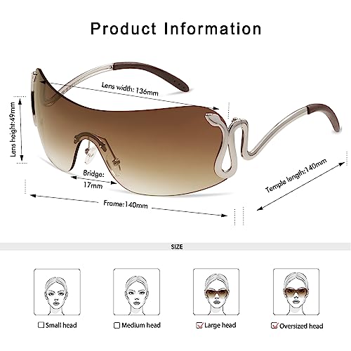 Rimless Y2k Sunglasses for Women Men Trendy Oversized Wrap Around Snake Shades AP3652