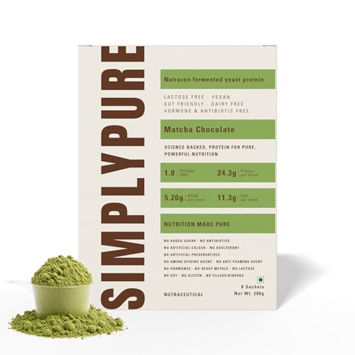 Image of SimplyPure Fermented Yeast Protein Powder - Matcha Chocolate | 288g (8 Sachets) | 24.3g Complete Protein | Muscle Recovery & Lean Muscle Support | Vegan Protein Powder for Gym, Workout & Fitness | PDCAAS 1.0 | Easy to Digest with Probiotics & Digestive Enzymes