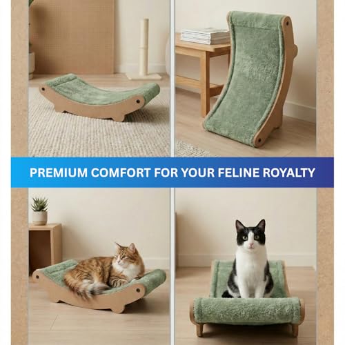 Image of Cat Hammock Bed with Plush Cushion, Wooden Curved Rocker Design, 23x13x6 Inch, Premium Comfort Lounger for Cats (FURR-162) (Green)