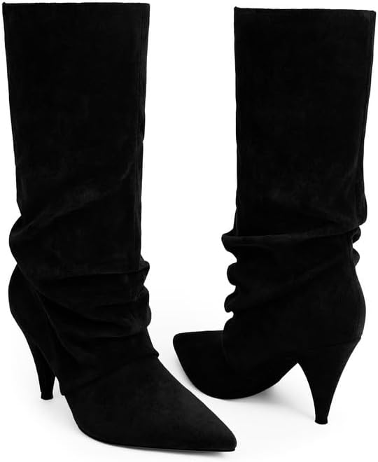 Modatope Slouchy Mid Calf Boots for Women Pointed Toe Chunky Heel Boots Faux Flod Over Slip on Womens Boots
