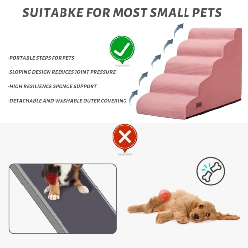 Image of 5-Step Pink Dog Stairs for High Bed, Pet Ramp for Small Dogs, Cats | Aodisman Pink Pet Stairs Designed for Small Dogs and Cats, Making It Easier to Get on High Beds with Comfort , 22.4 inch H