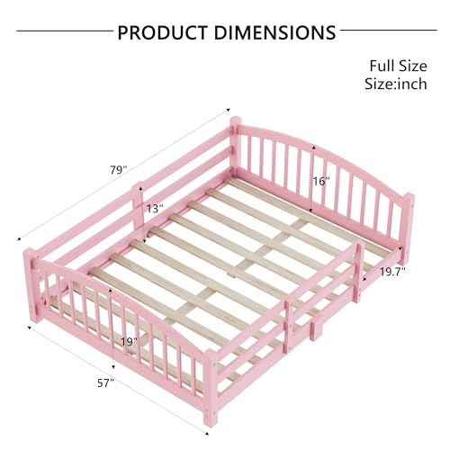 Image of Bellemave Full Size Kids Montessori Floor Bed,Full Size Floor Bed Frame with Slats and Safety Guardrail,Solid Wood Montessori Bed for Girls Boys,Pink