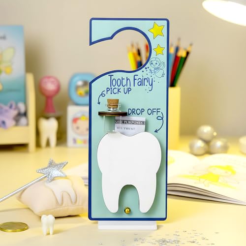 Image of DoubleFill Fairy Tooth Gift Holder Bag Door Hanger Lost Teeth Keepsake Box Tooth Fairy Kit Stores Back to School Gift for Lost Teeth Boy Girl Primary School Classroom Gifts(Fresh,Blue)