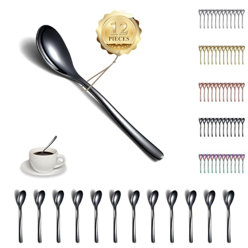 Kyraton Black Teaspoons 12 Pieces 14cm Stainless Steel Tea Spoons with Black Titanium Plating, Ice Cream Spoons