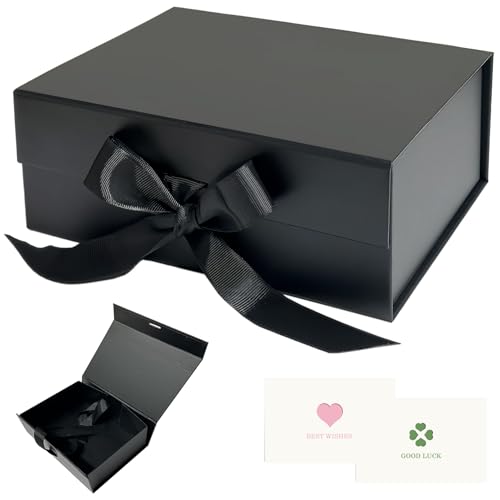 AlGuirnex Black Foldable Gift Box 22x17x9cm with Magnetic Lid Premium Present Box with Ribbon & 2 Greeting Cards Luxury Flat-Pack Packaging for Birthday Wedding & Occasions