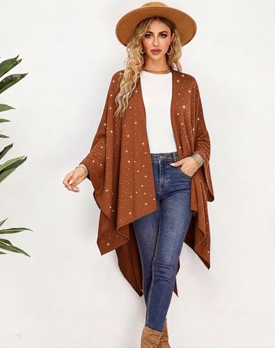 Image of Womens Rhinestones Open Front Poncho Shawl Wrap Cape Ruana Travel Blanket Cardigan