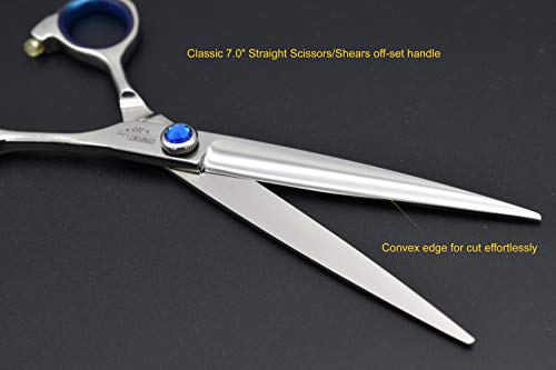 Pro Dog Grooming Shear Scissors Straight 7 Inch Pet Shear Stainless Steel Forged (7" Straight Blue Diamond) #TOP1