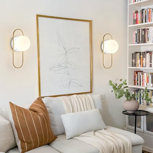 Image of Mid Century Modern Gold Wall Sconces Small Milk Glass Globe Wall Sconce Vintage Bedroom Wall Lamps Bathroom Lighting Fixtures Over Mirror