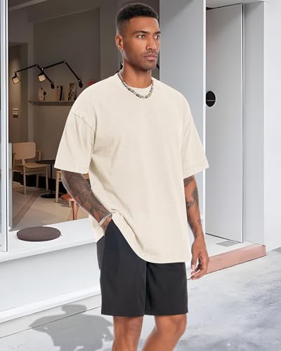 Oversized Tshirts for Men Short Sleeve Vintage Washed Basic Loose Tees, Pure Beige, L - Image 9