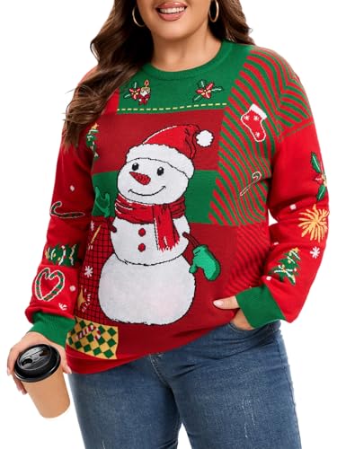 Moon Wood Christmas Jumpers for Women Funny Ugly Ladies Christmas Jumper Long Sleeve Winter Warm Knit Pullover Sweater Plus Size Floral 01 XL