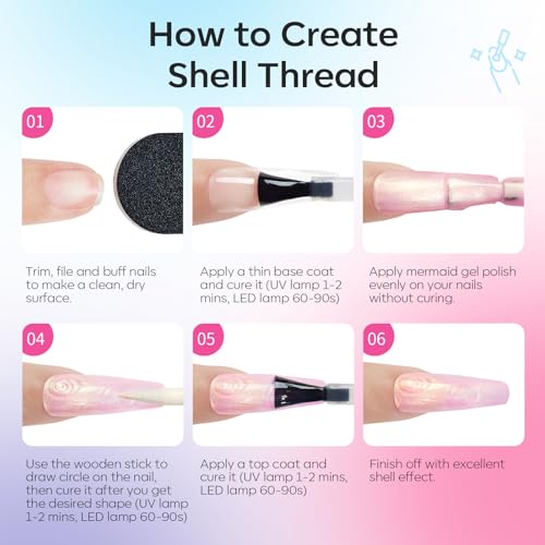 Image of modelones Cat Eye Gel Nail Polish Set, 6 Colors 2026 Summer Shimmer Pearl Magnetic Nail Drawing Set with Magnet, Iridescent Mermaid Swirl Shell Thread Purple Pink Blue Green Coral Glitter DIY Gift