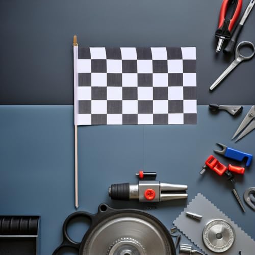 Drapeaux de départ à damier noir et blanc 24 pcs avec mât bois 40 cm pour sport