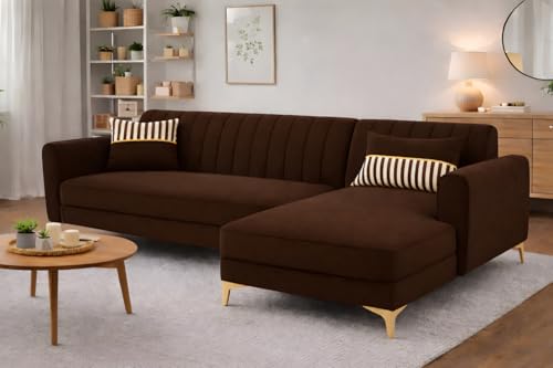 Image of Adorn India Premium Luster 6 Seater L Shape Sofa Set | Velvet Suede Fabric | 3-Year Warranty | RHS |Color Brown with Golden Legs & Striped Pattern Cushion
