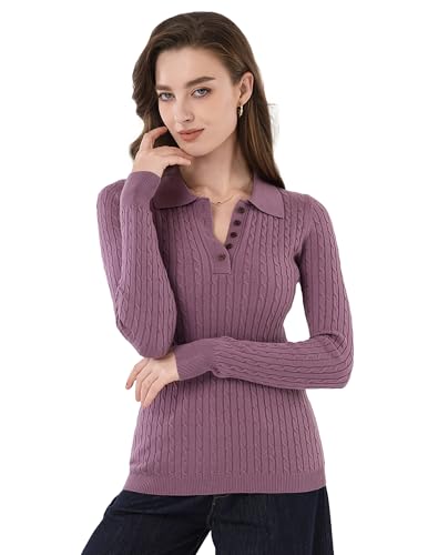AmélieBoutik Women Cable Knit V Neck Long Sleeve Button Up Polo Shirt