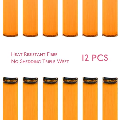 Image of WENNALIFE 12 PCS Orange Hair Extensions Clip in, Colored Clip in Hair Extensions for Kids Highlights Rainbow Hair Clips for Girls Synthetic Straight Pop-up Style Colorful Girls Hair Accessories