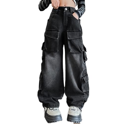 Baggy Jeans for Girls Streetwear Cargo Wide Leg Pants Asymmetrical Multi Pockets Cute Jeans for Girls Distressed Washed