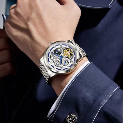 Image of OLEVS Automatic Men Watch Self Winding Mechanical Moon Phase Business Luxury Diamond Dress Stainless Steel Waterproof Luminous Mens Wrist Watch