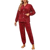 HEARTNICE Women Fuzzy Pajama Set Warm Fluffy Long Sleeve Sleepwear Plush Loungewear Thermal Nightwear with Pockets (Burgundy, L)