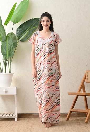 Image of Ichaa Women's Rayon Printed Round-Neck Nighty with Pocket, in Plus Sizes