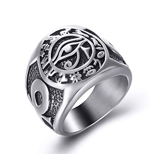 Elfasio Men Stainless Steel Rings Egyptian Eye Of Horus Cross Of Life Ankh Hieroglyphics Text Symbol Vintage Size 10 #TOP23
