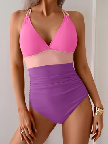 Image of Aidonger Women's One Piece Color Block Swimsuit Tummy Control Slimming Bathing Suit V Neck Cutout High Waisted Swimwear