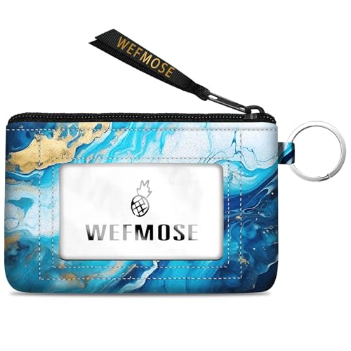 WEFMOSE Small Wallet Keychain with Clear ID Window Zipper Cute ID Case Coin Purse for Women Water Resistant Coin Pouch-Marble-Blue Keychain Wallet
