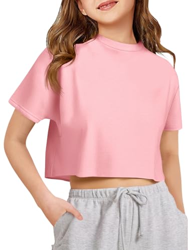 Image of Girls Athletic Oversized Crop Tops Kids Drop Shoulder Short Sleeve T Shirts Workout Tees 5-14 Years