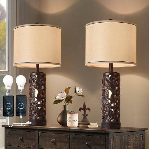 AIDENOEY Set of 2 Table Lamps with Night Light, 28" Farmhouse Table Lamp with USB A+C Ports,Brown Ceramic Bedside Lamp with Fabric Shade for Living Room,Bedroom,Home,Office(2 Bulbs Included)