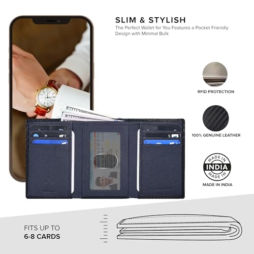 Image of Tri fold Leather Wallet for Men with RFID | Slim Wallets for Men with 1 ID and 6 Credit card slots | Front Pocket Minimalist