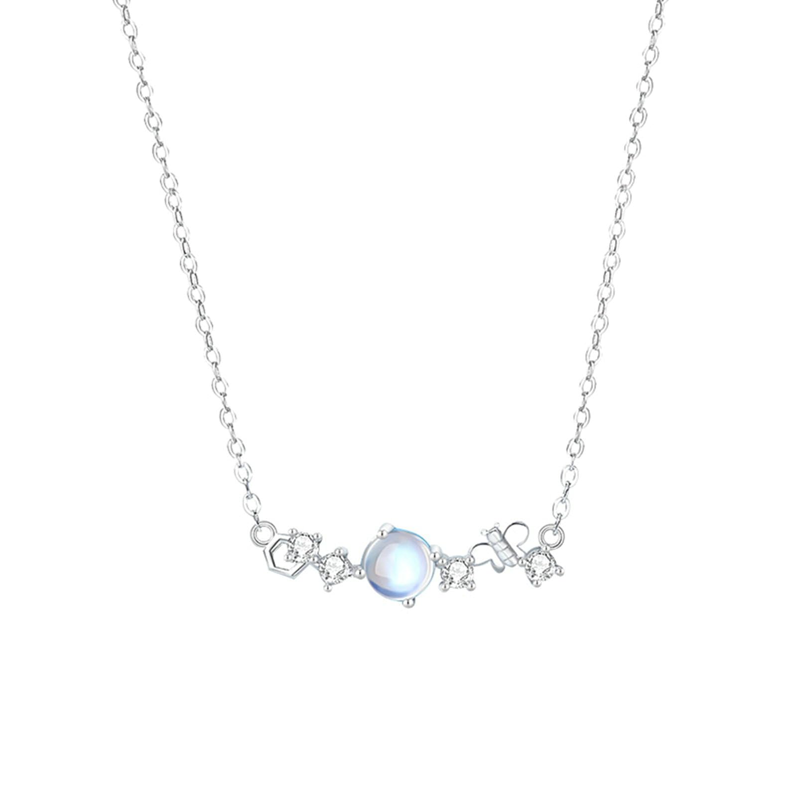 Collar con colgante para mujer de oro blanco 750 585 375, colgante de piedra de luna y abeja con diamante de oro blanco, cadena para mujer, 45 cm, sin níquel