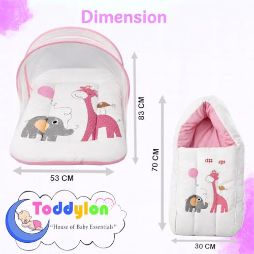 Image of Toddylon 2 PCS Baby Bedding Set for New Born | Baby Bed with Mosquito Net | Cotton Carry Beg | Mattress for Infants 0-6 Months | Baby Essentials | Gift Combo for Just Born Boys & Girls (Pink)