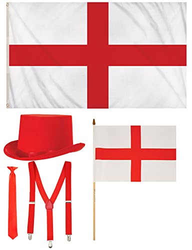 Bandera de San Jorge de mano y juego de accesorios con sombrero de raso rojo para partidos