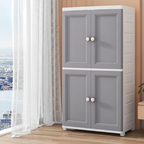 Image of Plastic Wardrobe for Storage - Standing Desk Premium Foldable Wardrobes for Clothes, Collapsible Wardrobe, Cupboard for Storage Drawer (Grey 4 Door)