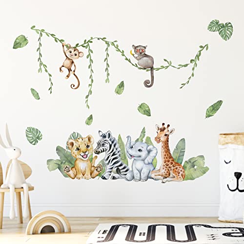 Mfault Baby Jungle Safari Animals Wall Decals Stickers, Cartoon Afican Elephant Lion Zebra Giraffe Monkey Nursery Decorations Bedroom Art, Tropical Palm Leaves Neutral Toddlers Kids Room Decor Gifts #TOP5