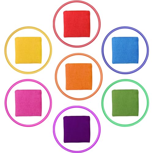 FRIUSATE 14Pcs Throwing Game Set 7Pcs Nylon Bean Bags (5 * 5CM) 7Pcs Plastic Toss Rings Colorful Kids Beanbag Toss Game Carnival Toys for Toddlers Kids Indoor Outdoor Activities