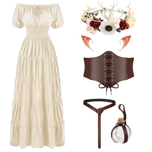 Mittelalter Elfen Kostüm Set für Damen Karneval Feen Kleidung mit Beige Kleid Elfenohren Korsett Gürtel Blumenkranz Trankflasche Prinzessin Outfit für Renaissance Fasching Halloween Cosplay Größe L