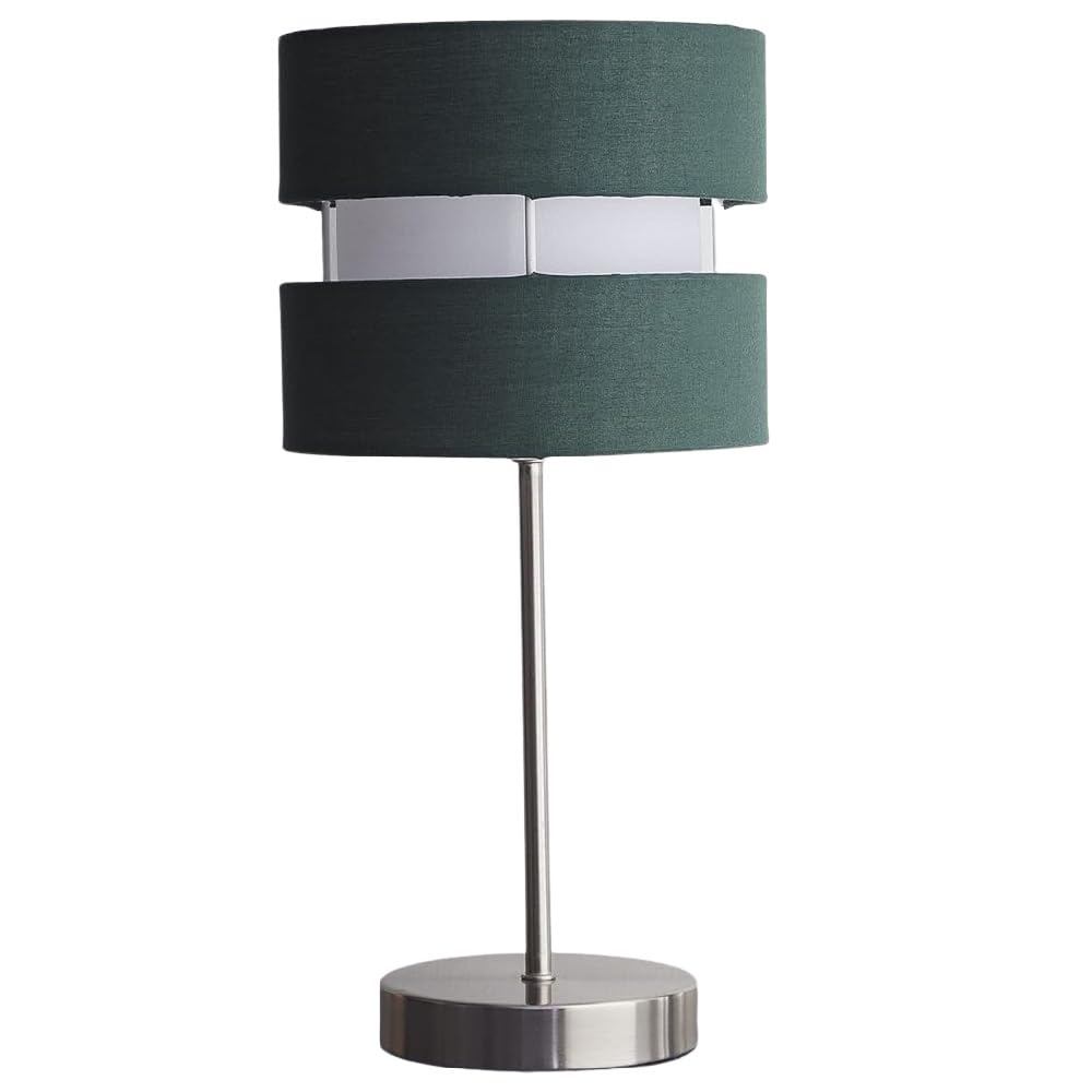 Britalia Forest Green Satin Nickel & Cotton Fabric 2 Tier Drum Shade Modern Table Desk Lamp | 38Cm Height | 1 X Ses E14 Lamp Bulb Required | Uk Approved | Inline On Off Switch | Retro Influence