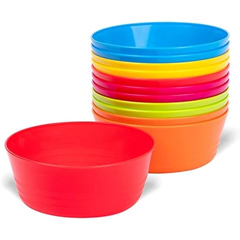 Plaskidy Kids Plastic Bowls Set of 12 Children Bowl 10 Ounce Microwave Dishwasher Safe BPA Free Non Toxic Toddler Bowls 6 Bright Colors for Cereal, Soup, Snack Great Plastic Bowls for Kids & Toddlers Cover