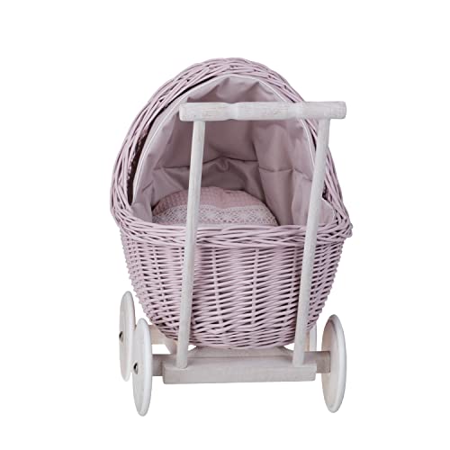 e-wicker24 Alles aus Weide Puppenwagen aus Weide mit Bettwäsche perfekte Geschenkidee Korbpuppenwagen schöner Spielzeug aus Korbgeflecht Korbwagen für Puppen Spielzeug für Mädchen (Pink) – Bild 5