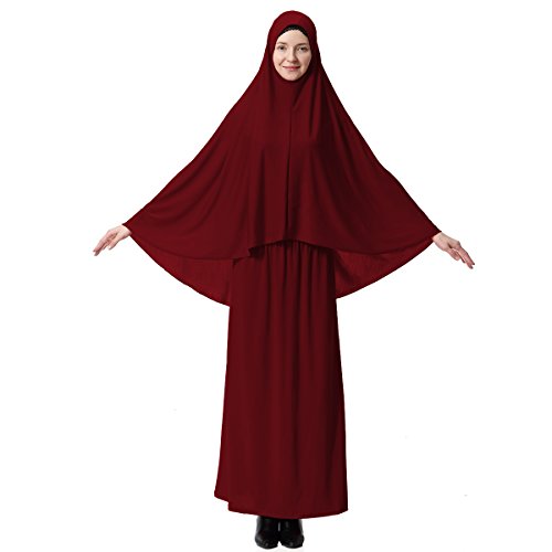 XINFU Muslim Islamic Women's khimar 2pcs Sets Soft Distinctive Prayer Dress Hijab Abaya Suit - Wine