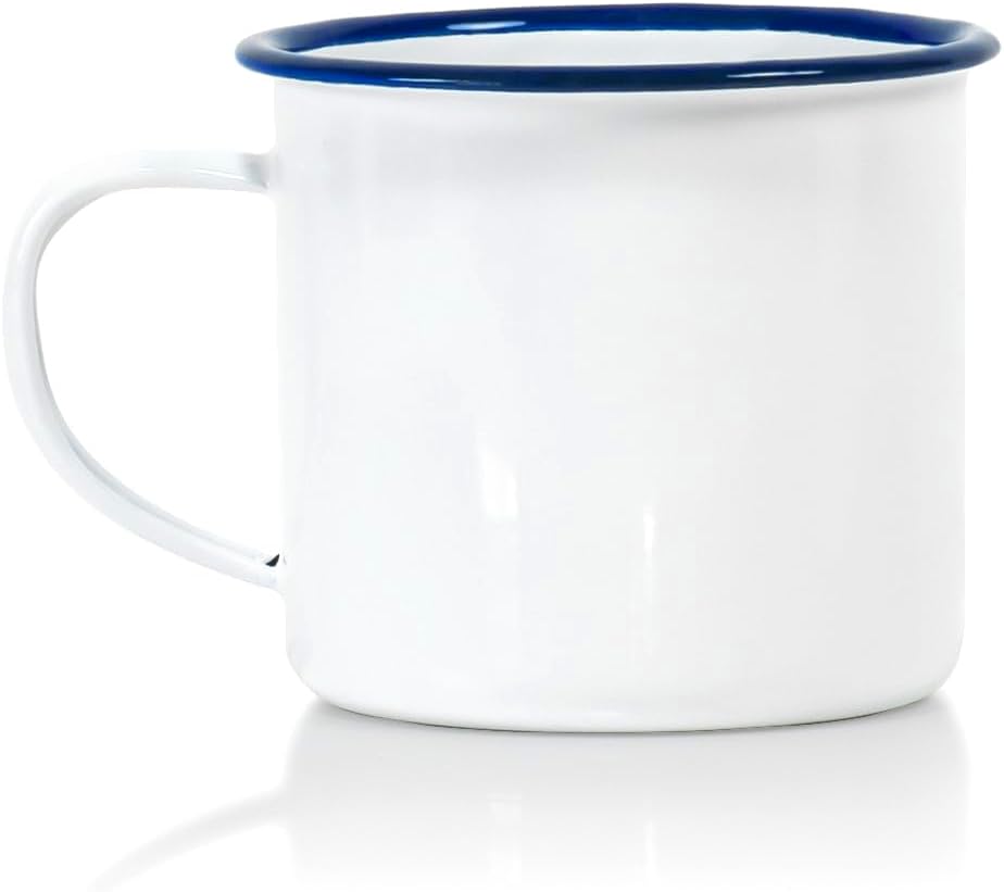 Red Co. Juego de 6 tazas redondas de café y té de metal esmaltado de 12 onzas con asa, borde blanco sólido y azul marino