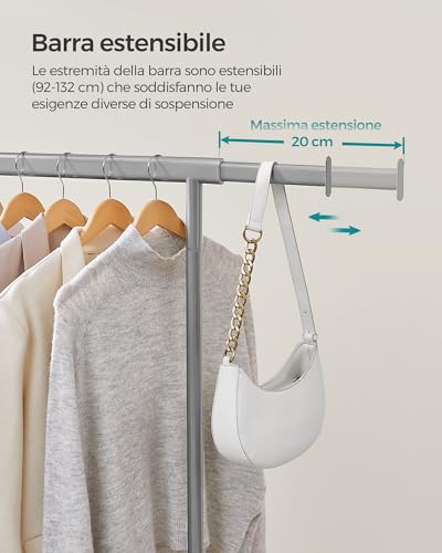 SONGMICS Stand Appendiabiti con Ruote, Attaccapanni Estensibile per Carichi Pesanti, Portata Totale 100 kg, 45 x (92-132) x 161,5 cm, Facile da Montare e Spostare, Grigio Tortora HSR013G01 - Immagine 2