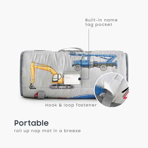 Image of Wake In Cloud - Toddler Nap Mat with Pillow and Minky Fleece Blanket, for Kids Boys Ages 3 Plus in Daycare Preschool Kindergarten, Roll Up Sleeping Bag, Construction Trucks